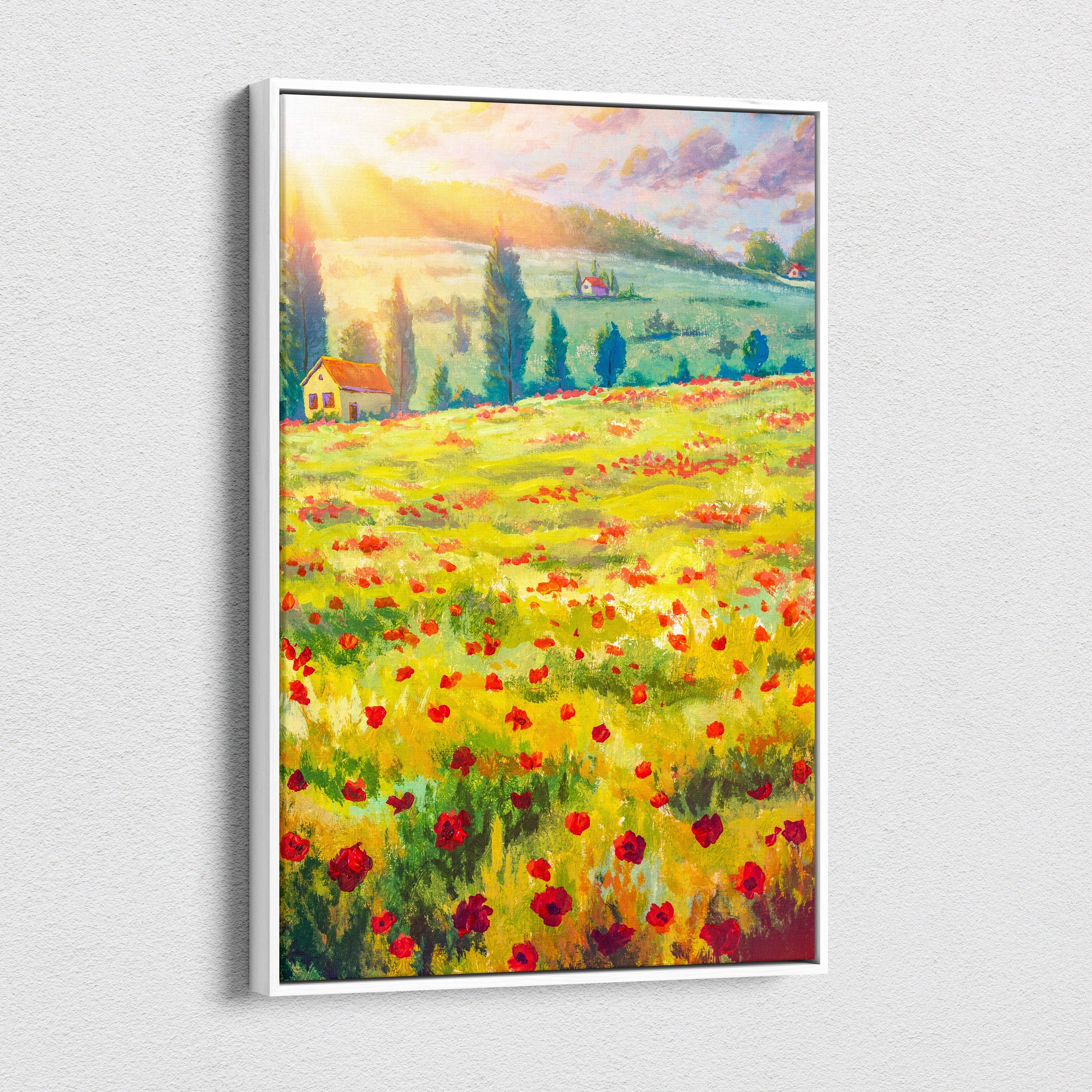 Framed canvas wall art painting of a sunlit yellow green poppy field with distant hills and a farmhouse for farmhouse decor