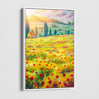 Framed canvas wall art painting of a sunlit yellow green poppy field with distant hills and a farmhouse for farmhouse decor