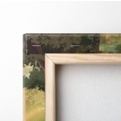 A light wood-framed canvas print of a sunlit green forest anime landscape in earthy greens and browns for calm interiors