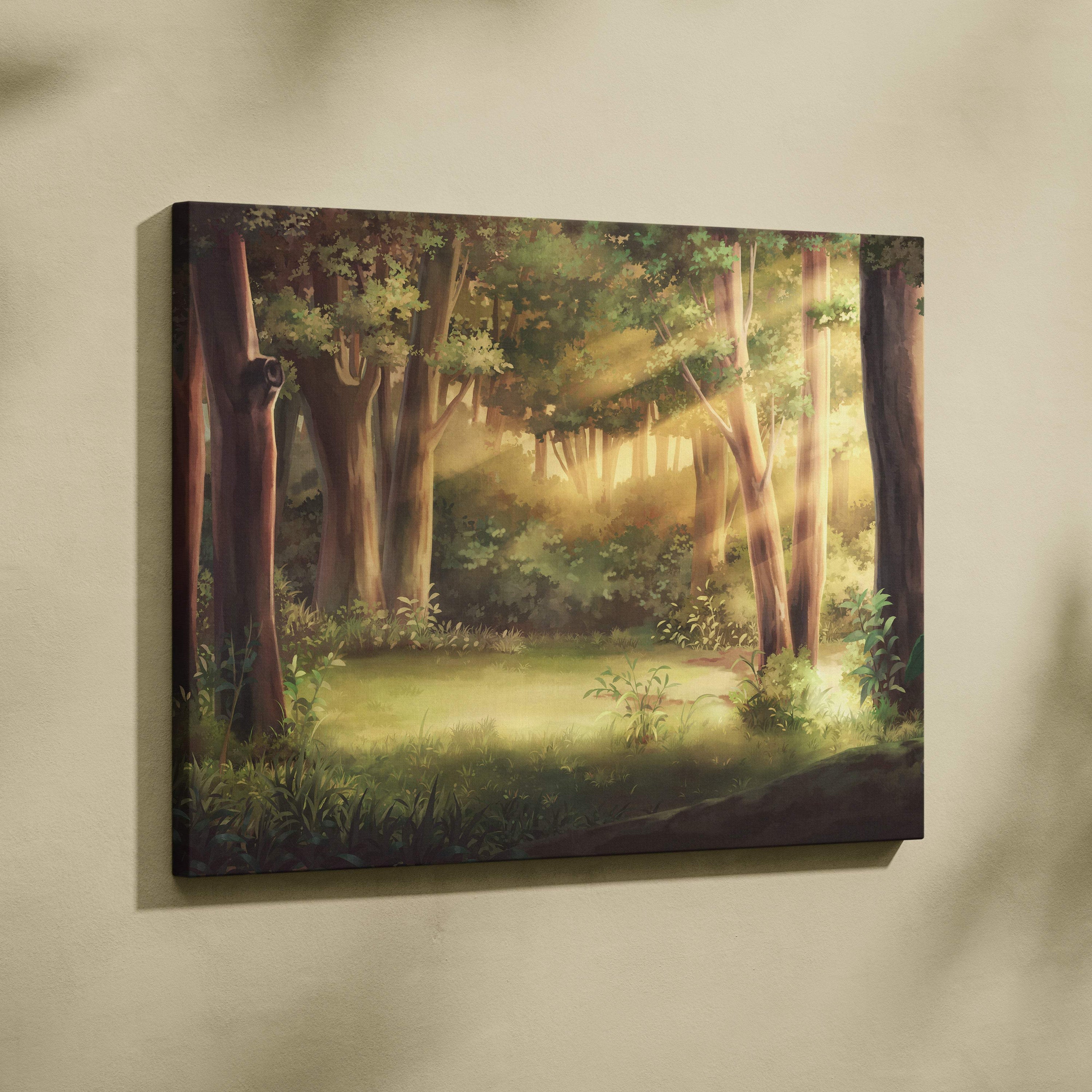 Rectangular canvas print of a sunlit green forest with tall trees and lush undergrowth for calm bedroom decor