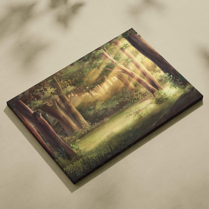 Rectangular canvas wall art print of a sunlit green forest with golden light for calm bedroom or nursery decor