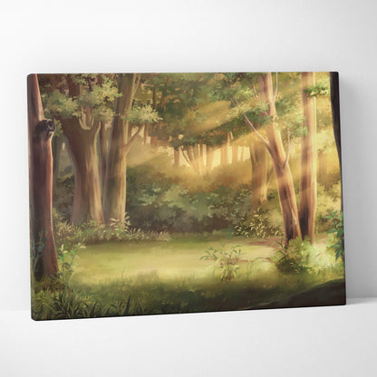 A rectangular canvas print of a sunlit green forest with golden light for peaceful bedroom or nursery decor