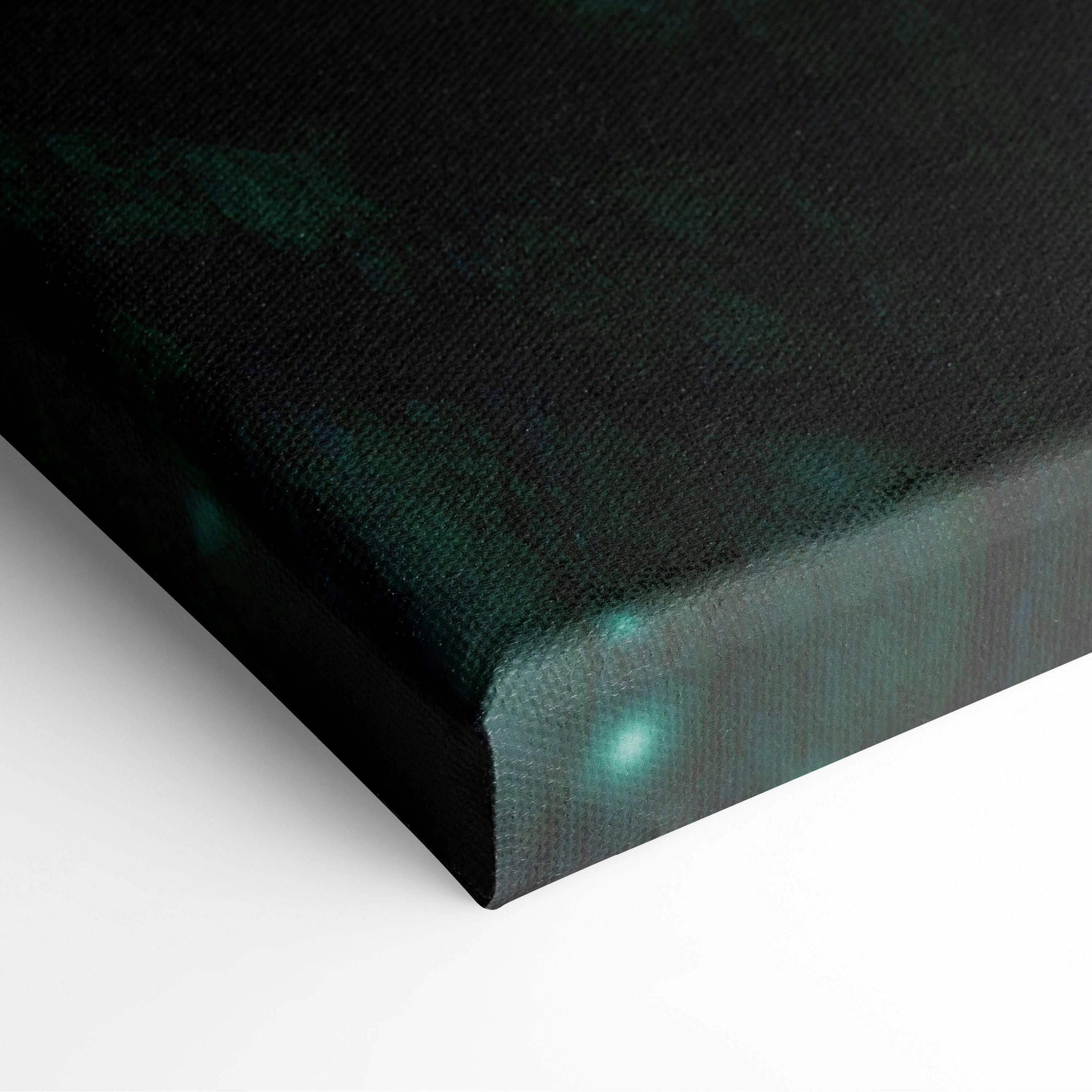 Black canvas print featuring a subtle teal nebula design with glowing green flames and dark fantasy ruins decor