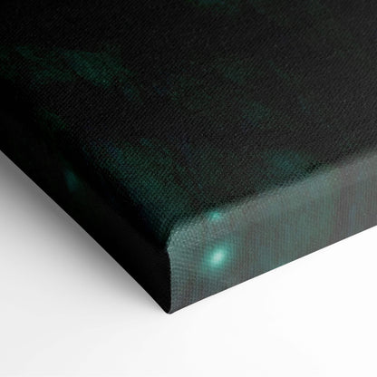 Black canvas print featuring a subtle teal nebula design with glowing green flames and dark fantasy ruins decor