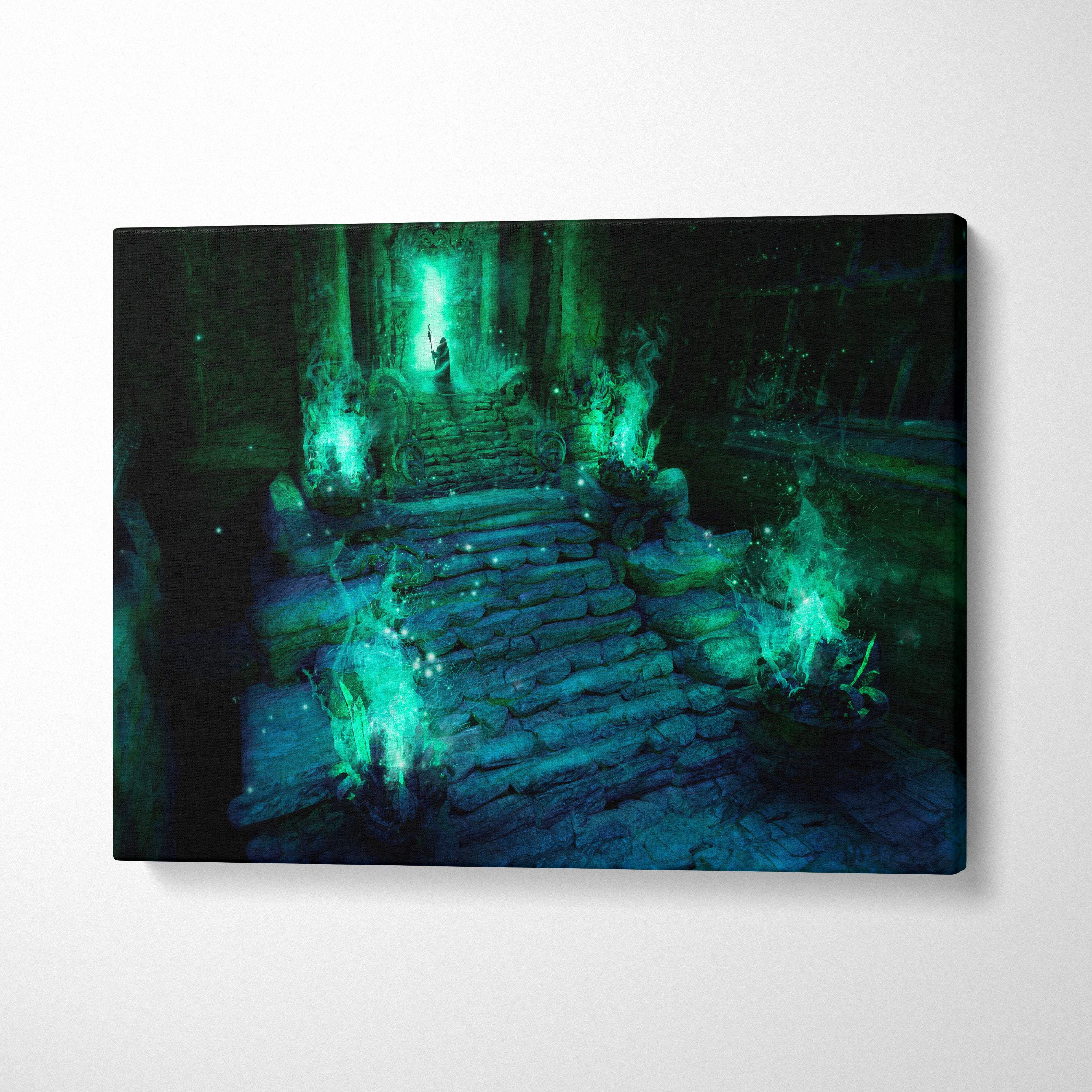 A canvas print of a mystical stone staircase with glowing green light leading to an ancient doorway in gothic ruins