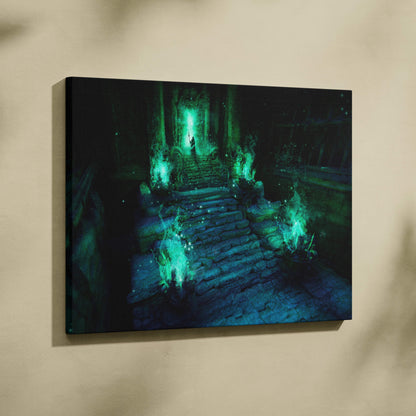 Mystic emerald temple canvas wall art featuring a glowing green-lit stone staircase leading to an ancient doorway