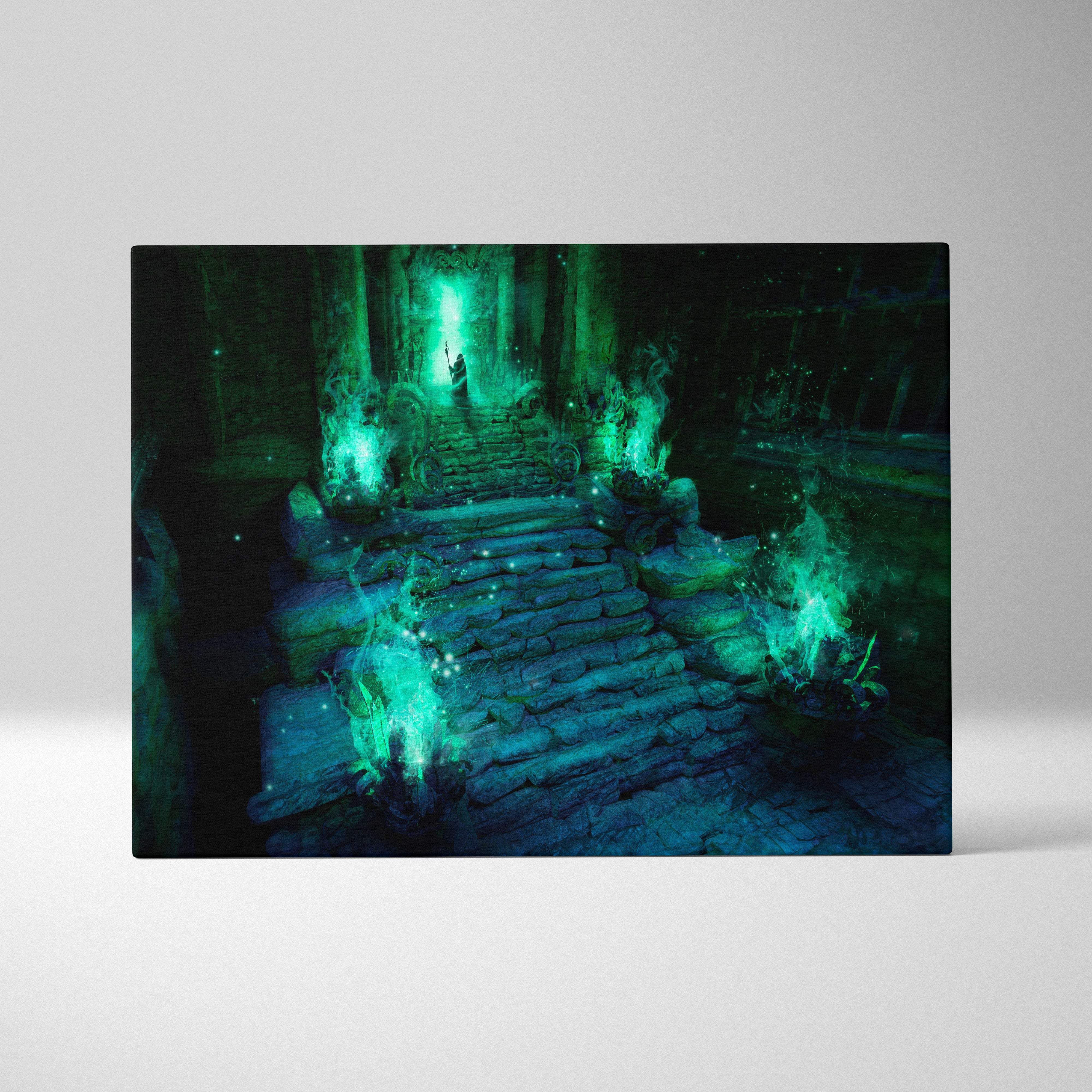 Rectangular canvas print of a mystical glowing green-lit stone staircase leading to an ancient doorway for magical decor