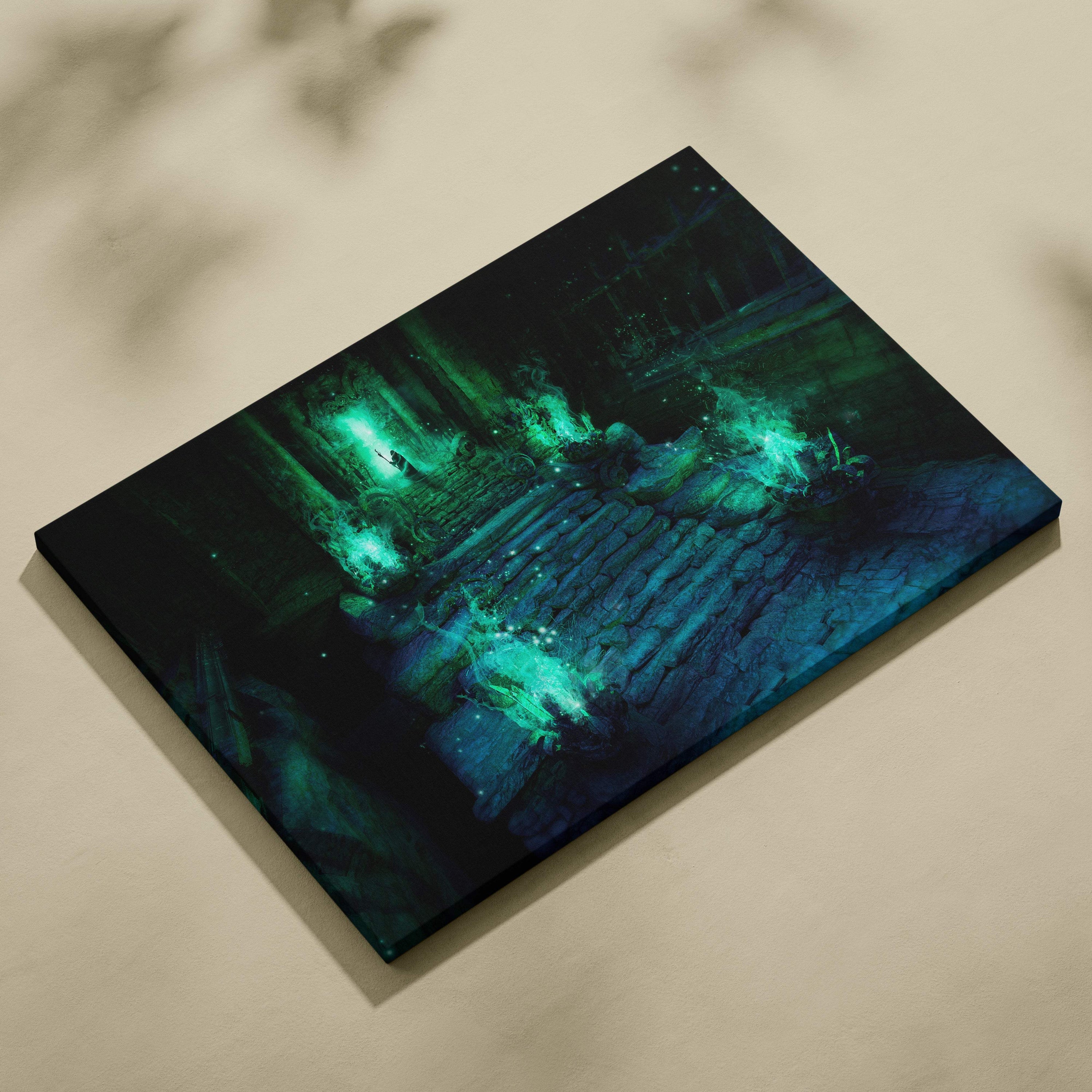 Rectangular canvas print of a glowing green and teal fantasy cave with illuminated stone steps and mystical ruins