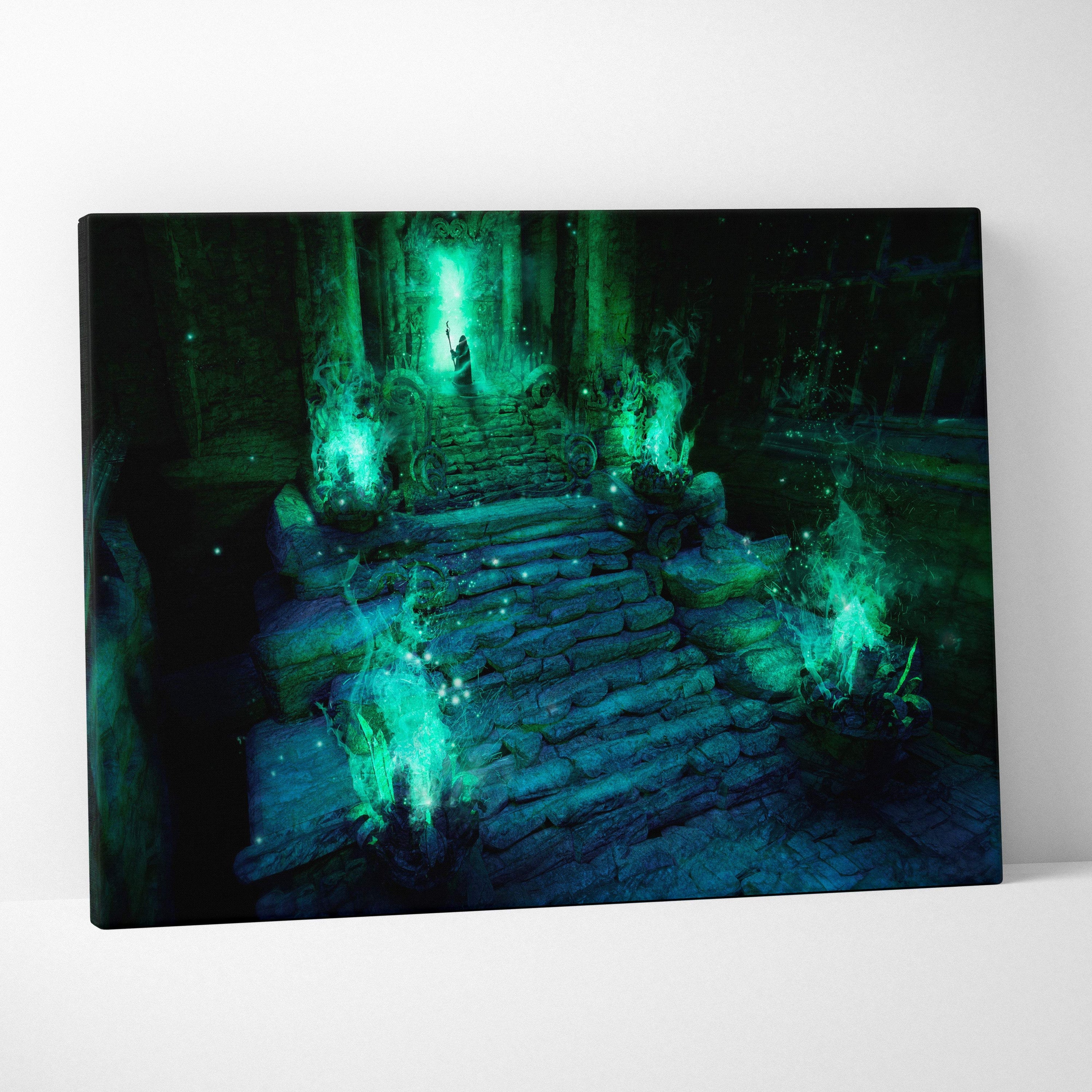 A canvas print of a glowing green stone temple with stairs leading to an illuminated doorway for mystical decor
