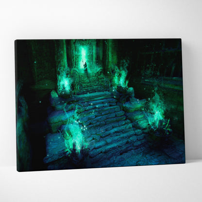 A canvas print of a glowing green stone temple with stairs leading to an illuminated doorway for mystical decor