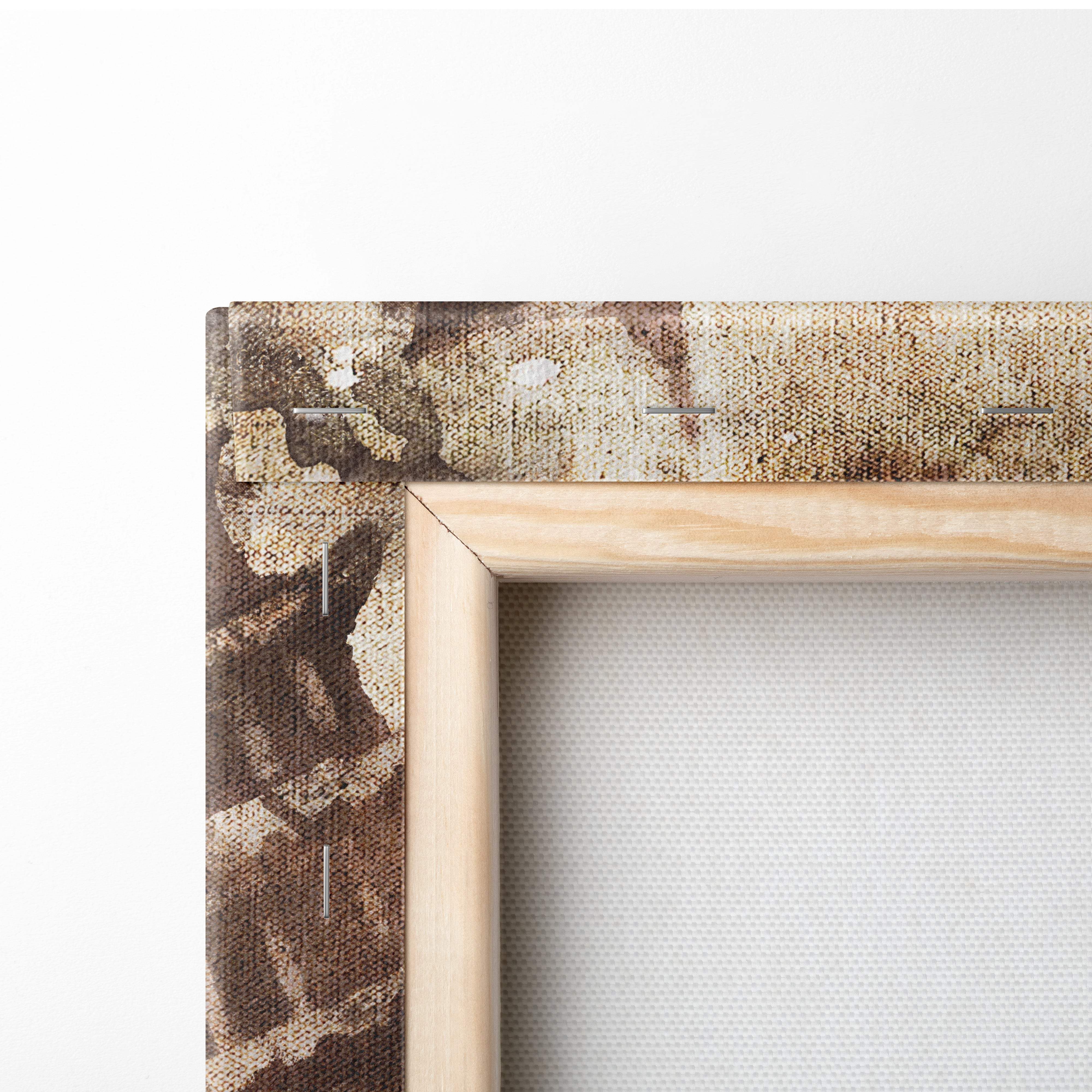 Light wooden canvas frame with textured earth toned fabric backing on dynamic samurai warrior silhouette wall decor