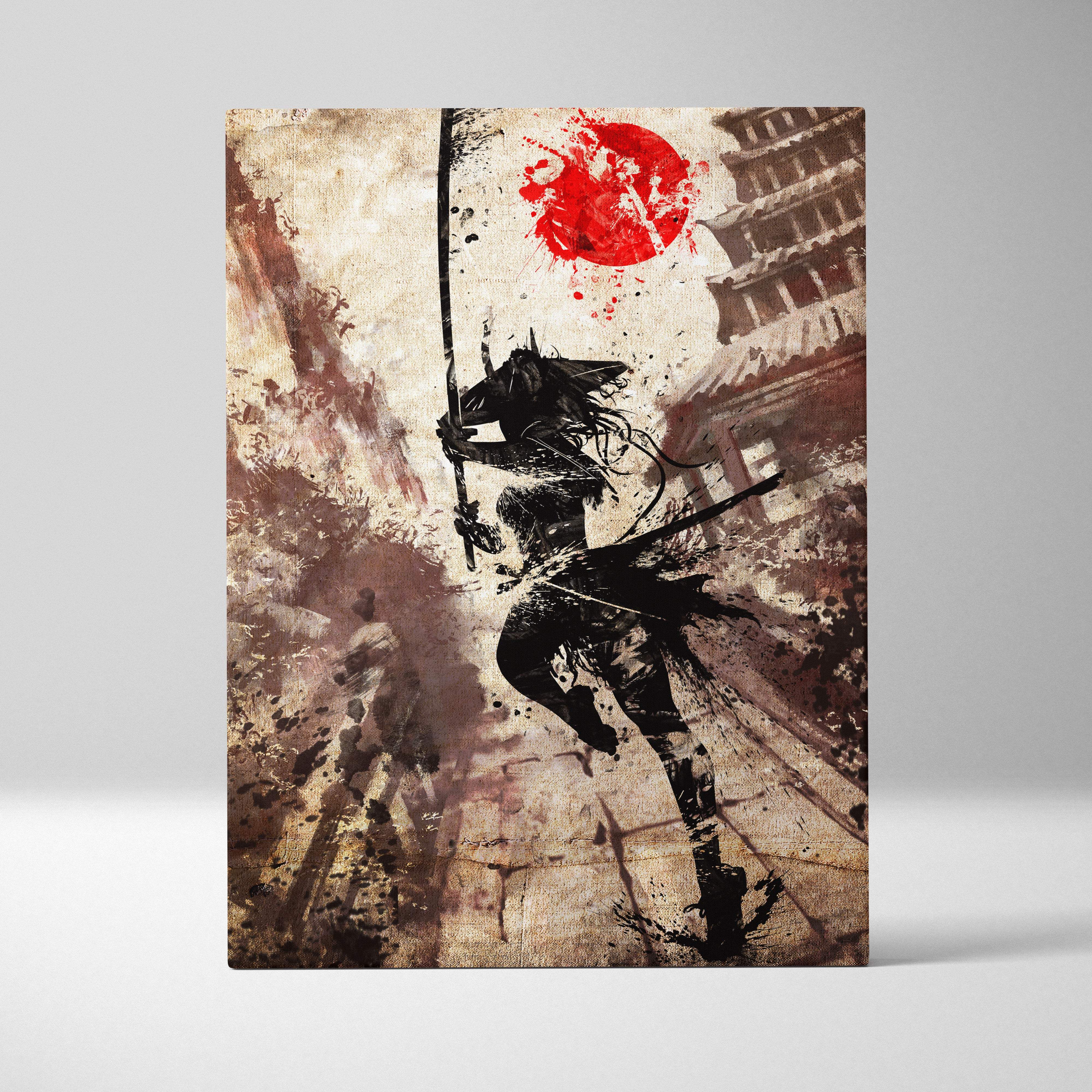 Stylized black and white samurai warrior silhouette mid-leap with sword red sun and traditional japanese architecture background canvas wall decor