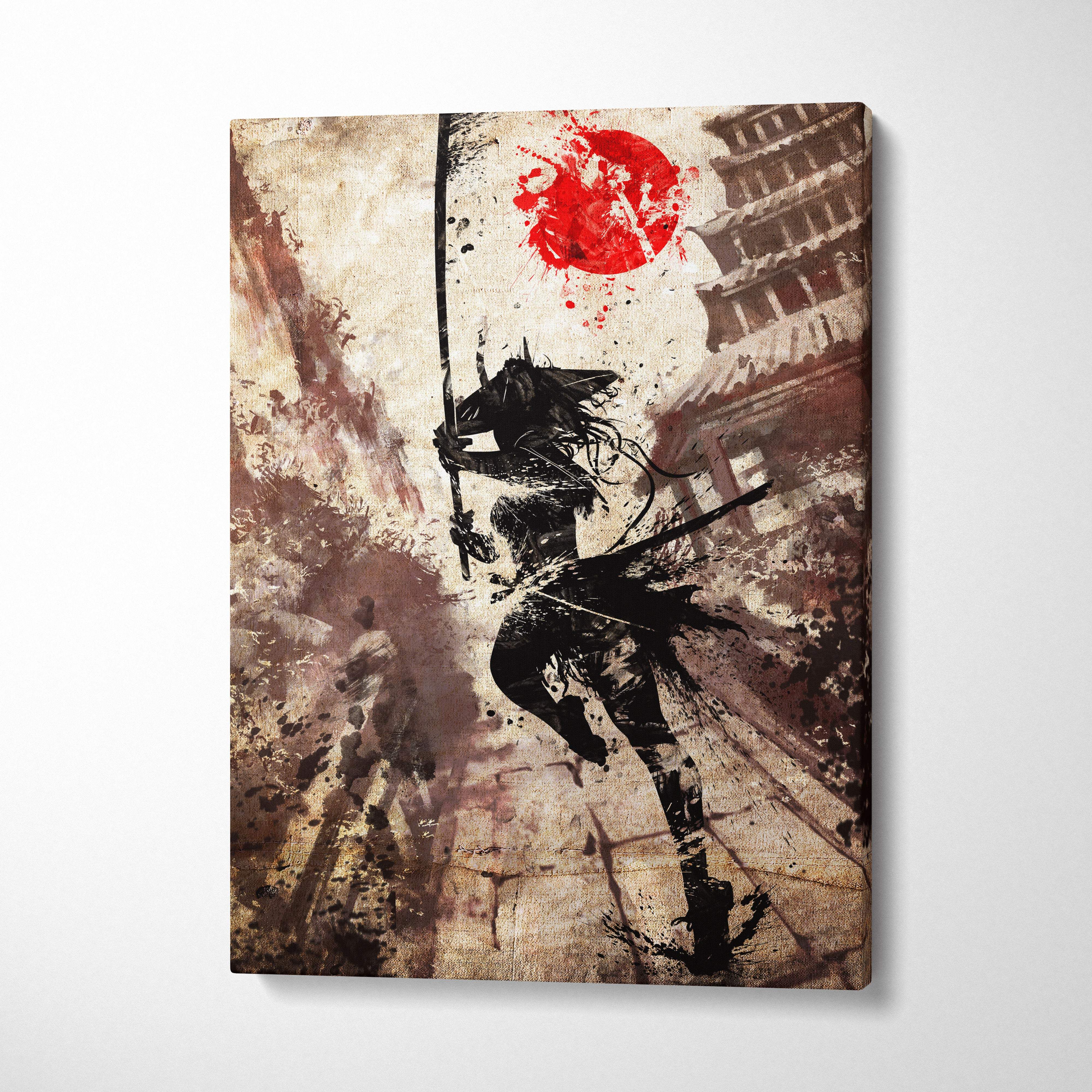 Black silhouette of a samurai on canvas with a red sun and distressed textured vintage japanese ink art background
