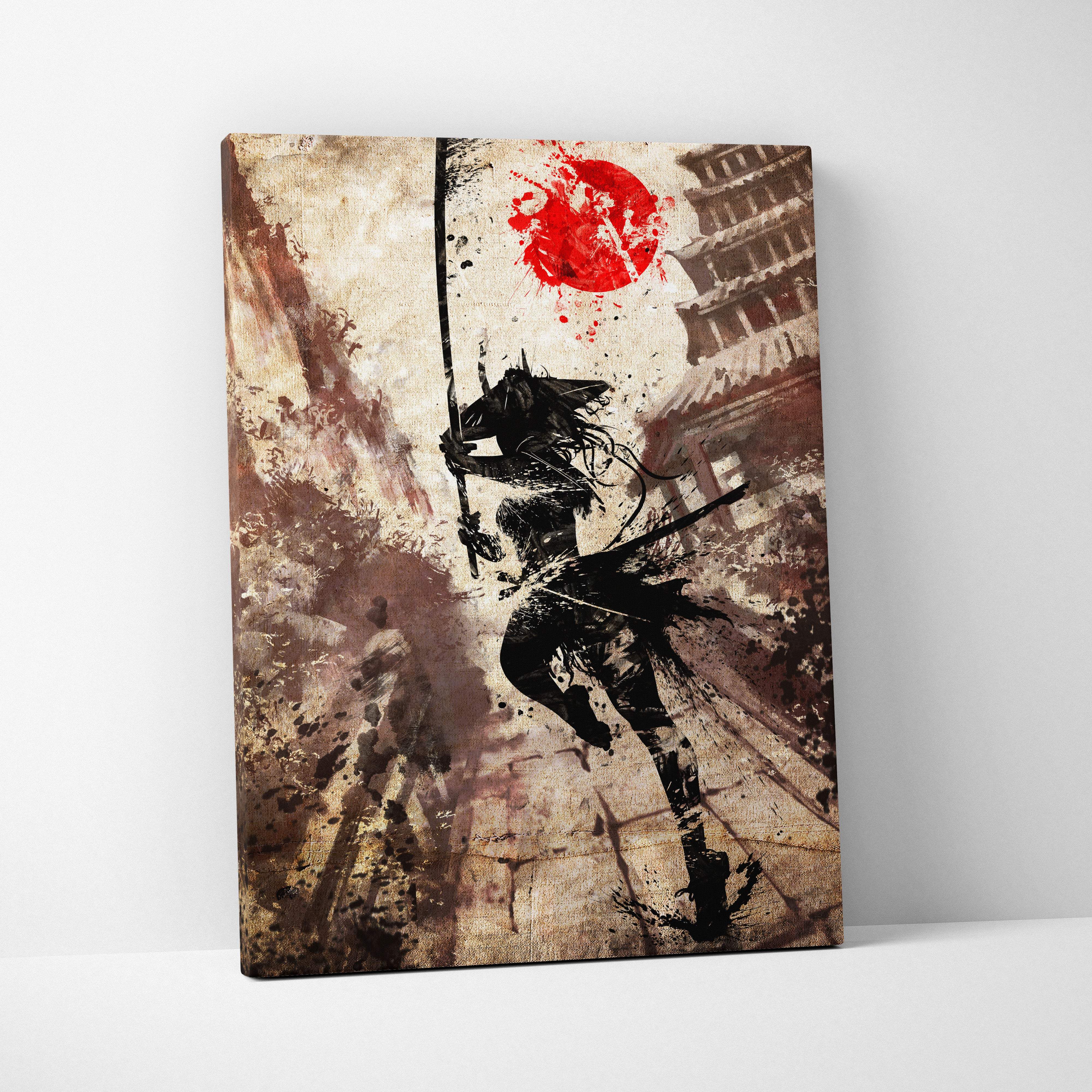 A canvas print of a dynamic black samurai silhouette mid-leap with a red sun and traditional japanese architecture background