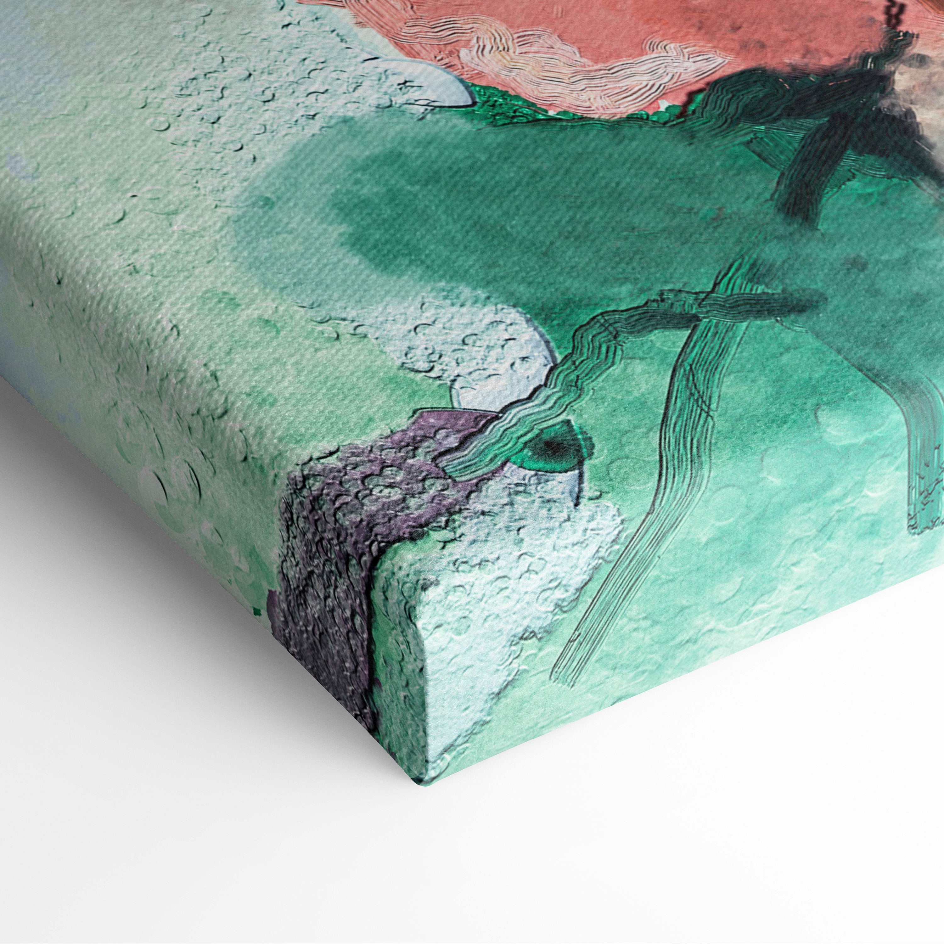 Colorful birds on blossom branch pastel nature canvas print with textured abstract green pink and black brushstrokes