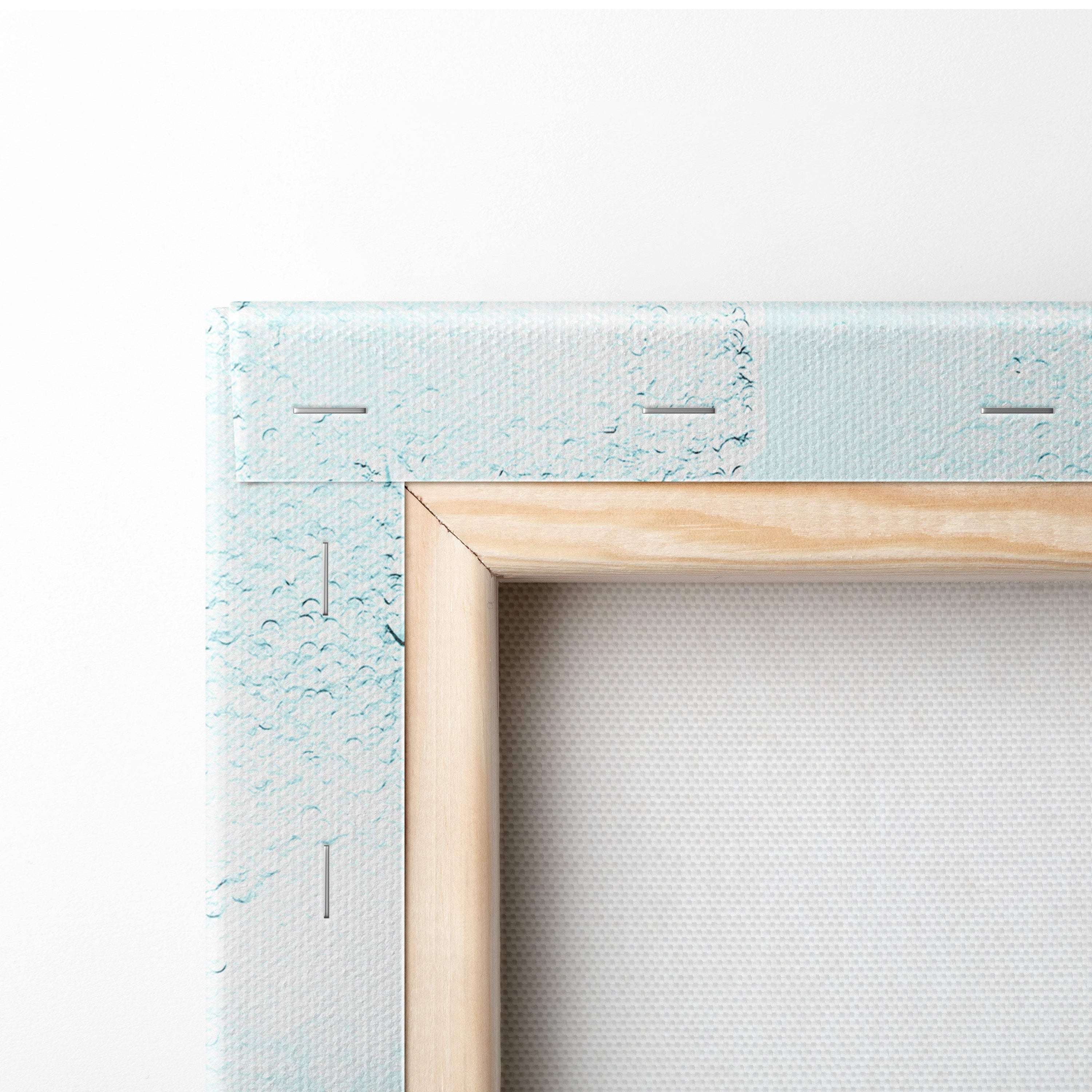 Light blue textured canvas with visible stitching framed by natural wood border in colorful birds on blossom branch wall art