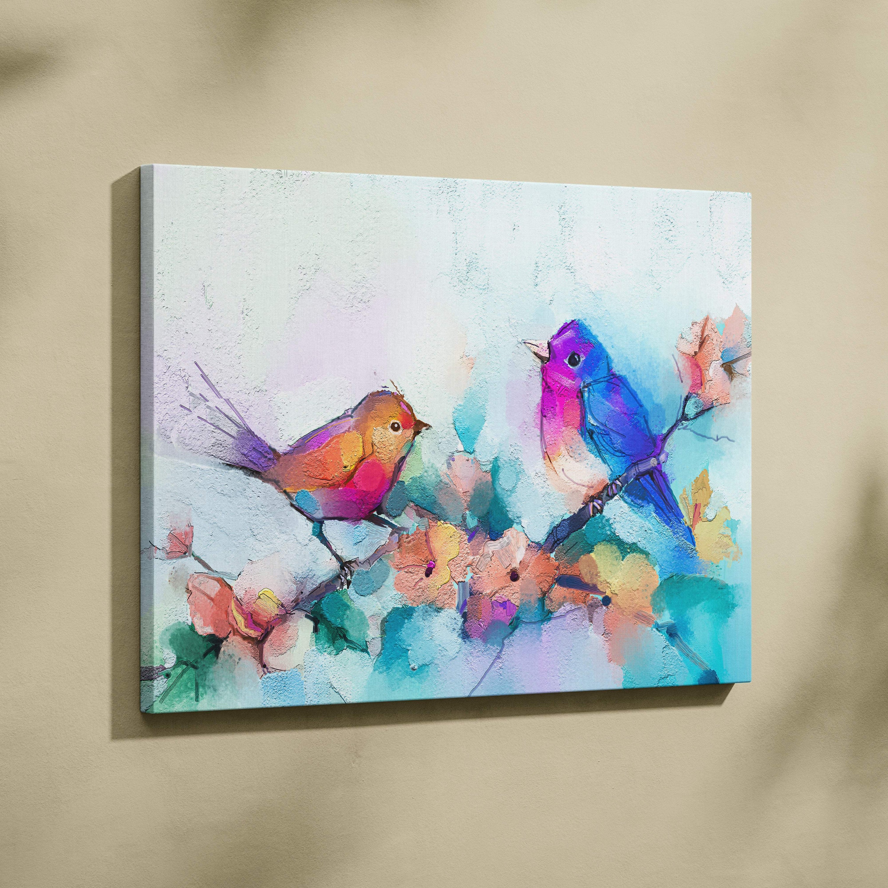 Vibrant pastel nature canvas print featuring two colorful birds perched on blossoming branches wall art