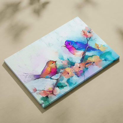 Vibrant pastel nature canvas print featuring colorful birds perched on blossoming branches in watercolor style