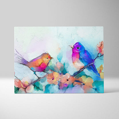 Vibrant pastel nature canvas print of colorful birds on blossom branch with textured brushstrokes wall art
