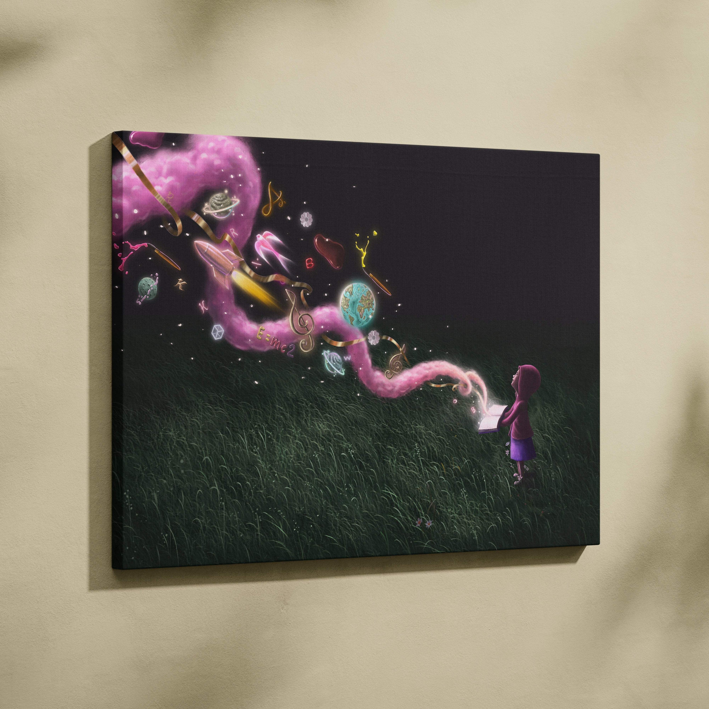 A vibrant canvas print of a girl in purple holding a magic pink book with planets and notes for kids room decor