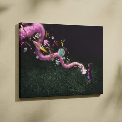 A vibrant canvas print of a girl in purple holding a magic pink book with planets and notes for kids room decor