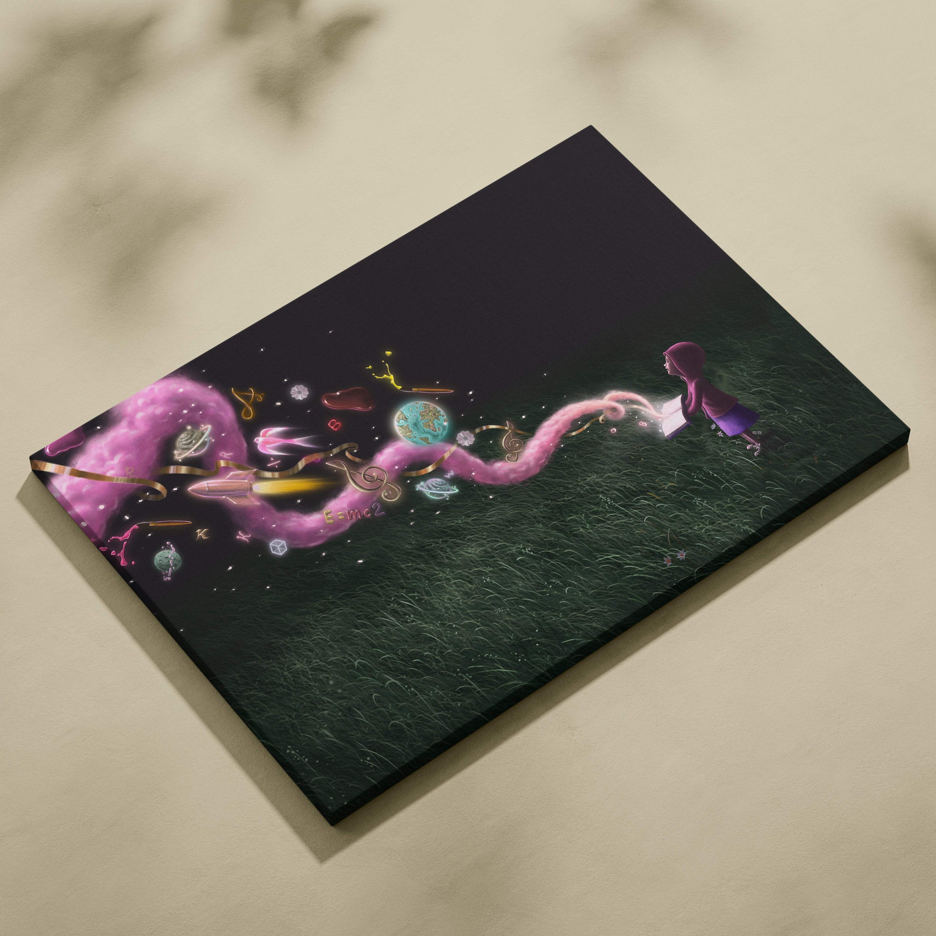 Contemporary fantasy reading canvas wall art featuring a girl in purple robes with pink cosmic tendrils on dark grassy background