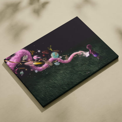 Contemporary fantasy reading canvas wall art featuring a girl in purple robes with pink cosmic tendrils on dark grassy background