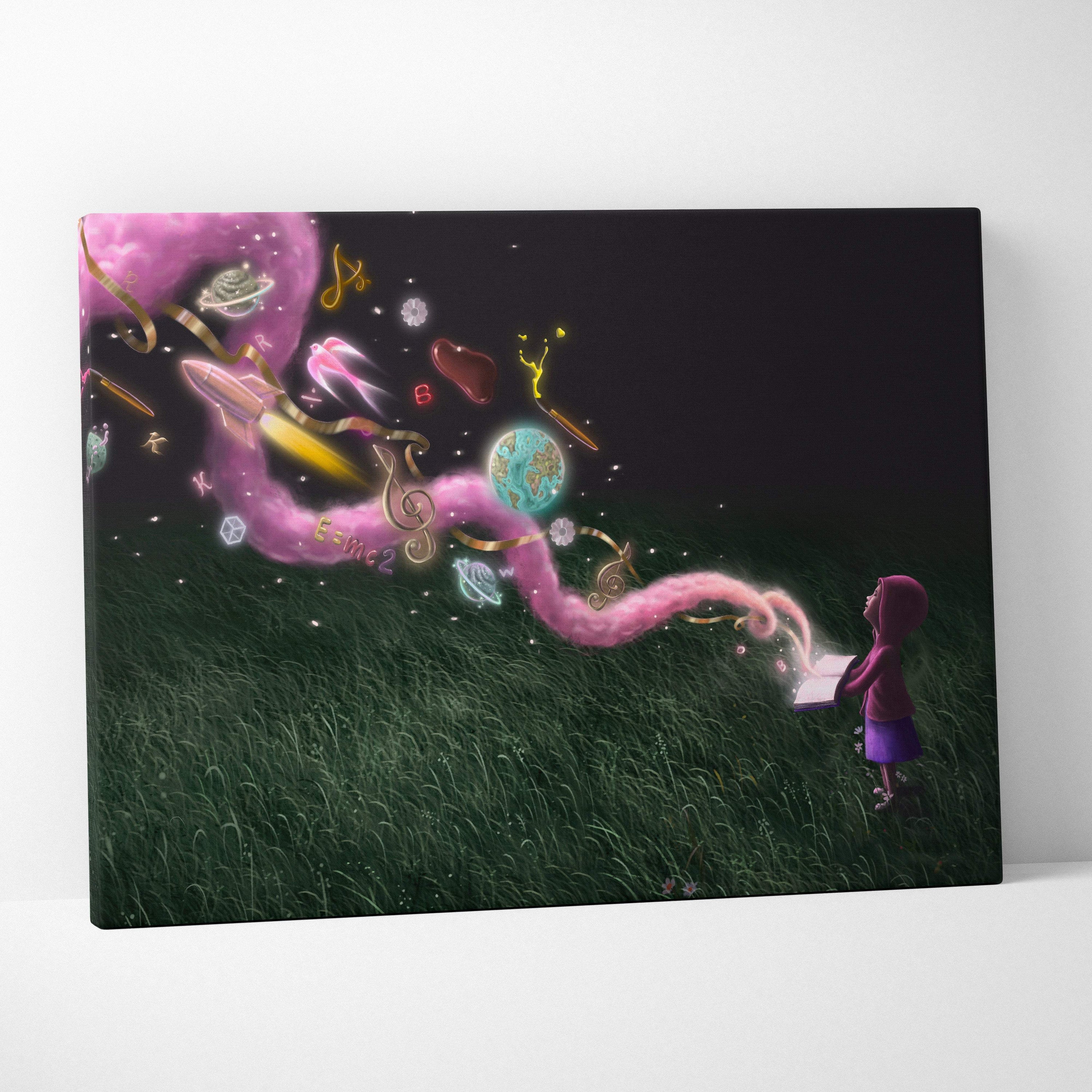 Contemporary fantasy reading canvas wall art with a girl in purple holding a magical book emitting pink cosmic energy streams