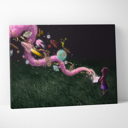 Contemporary fantasy reading canvas wall art with a girl in purple holding a magical book emitting pink cosmic energy streams