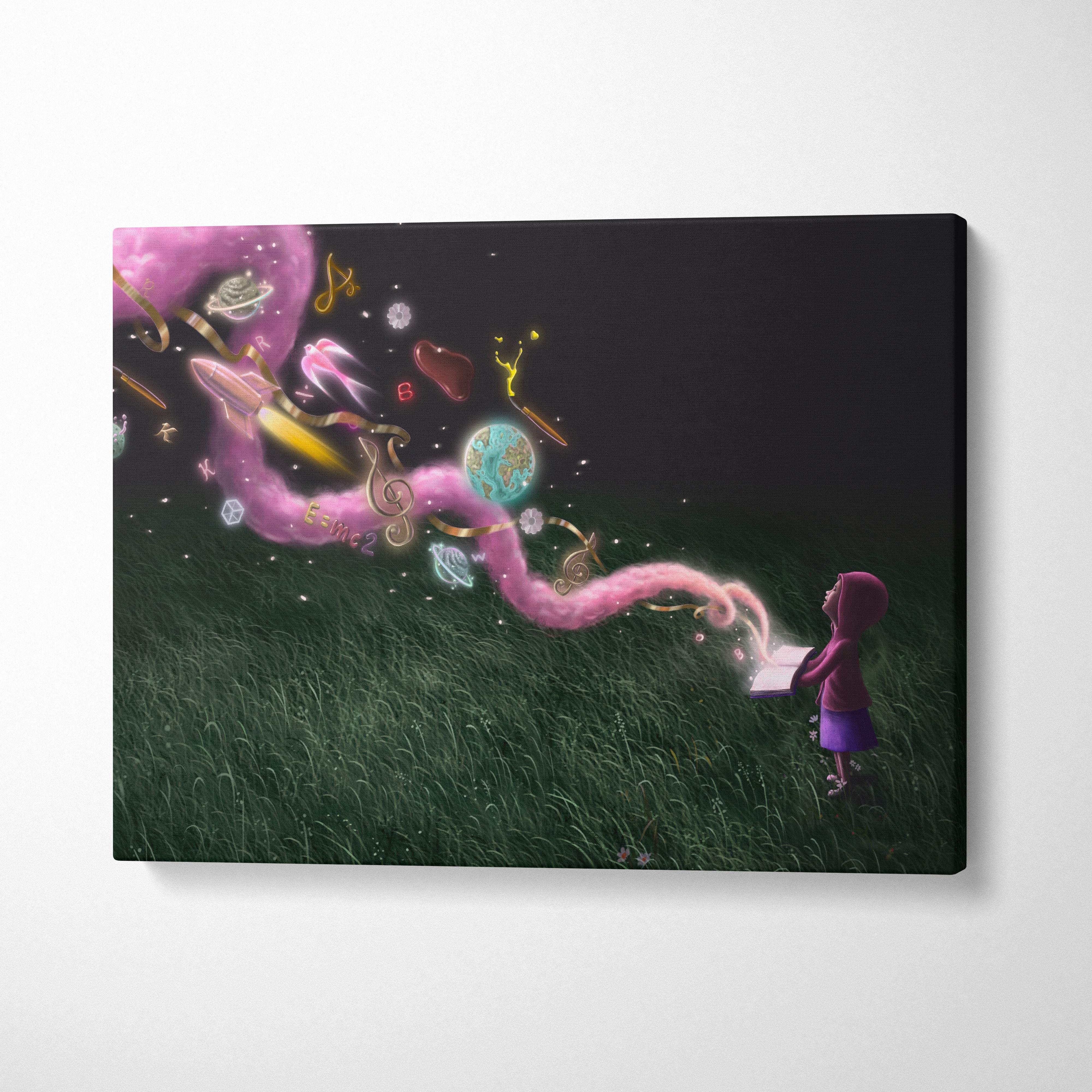 Contemporary fantasy canvas wall art of a girl in purple with a magic book and pink magical streams for kids room decor