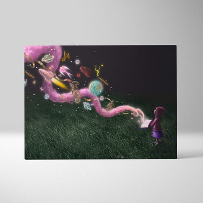Contemporary fantasy reading canvas wall art featuring a girl in purple holding a magic book with pink celestial stream