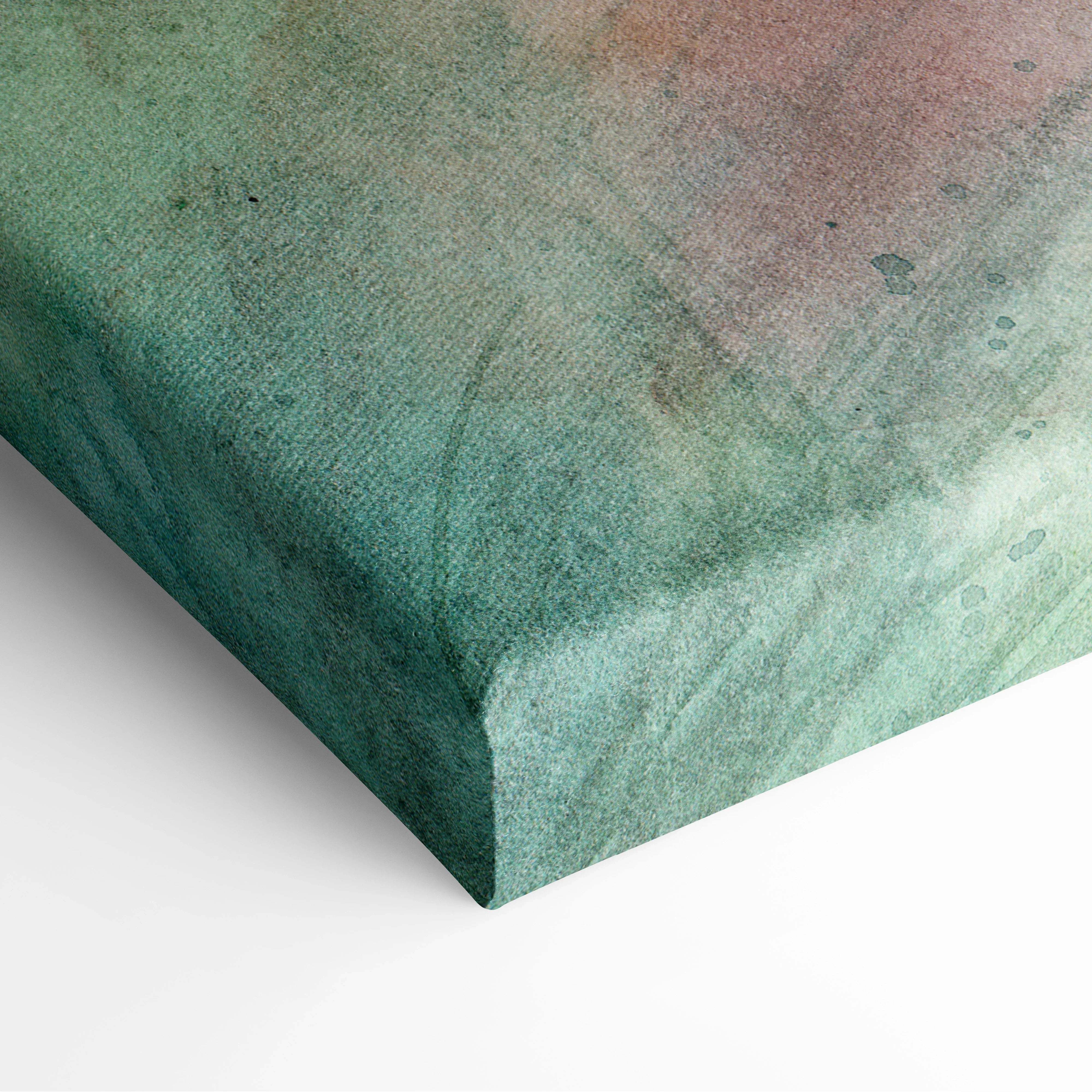 Textured watercolor canvas print of misty mountain forest in teal pink gradient