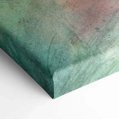 Textured watercolor canvas print of misty mountain forest in teal pink gradient