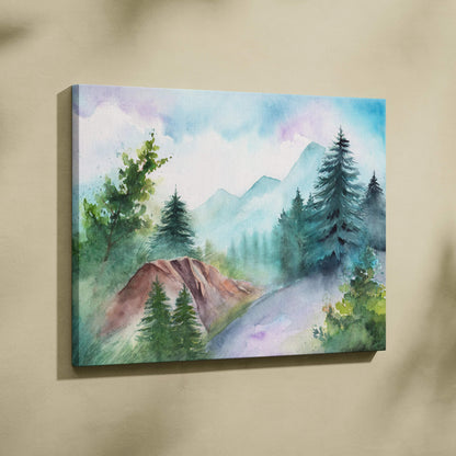 Misty mountain forest watercolor canvas wall art with blue green pines and pastel sky
