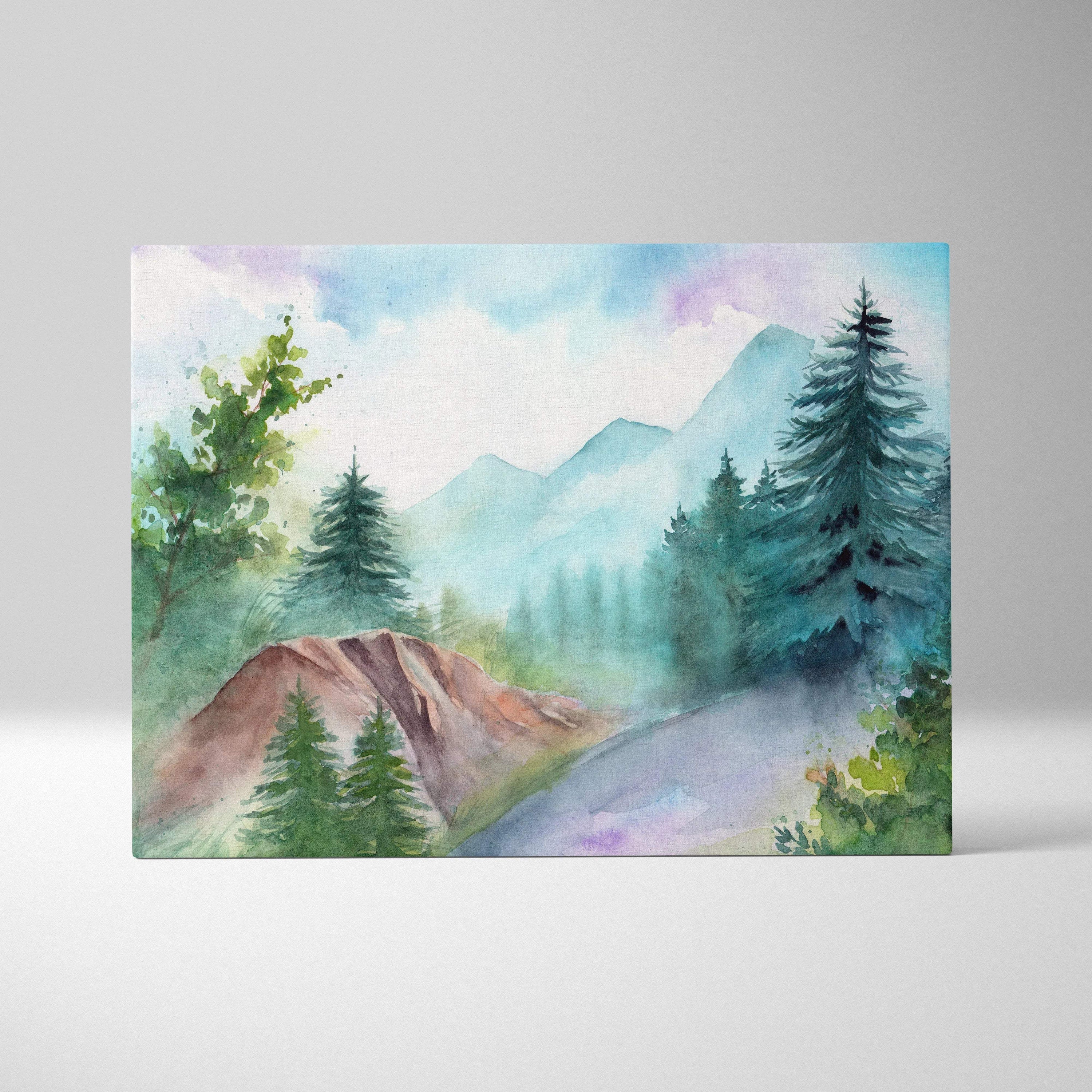 Misty mountain forest watercolor canvas wall art with soft blue green pines
