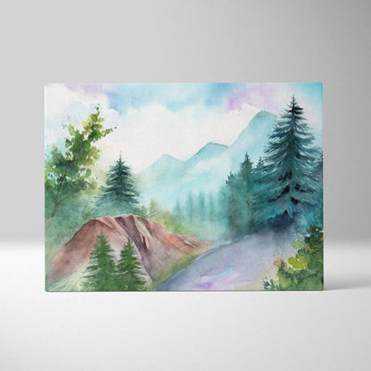 Misty mountain forest watercolor canvas wall art with soft blue green pines