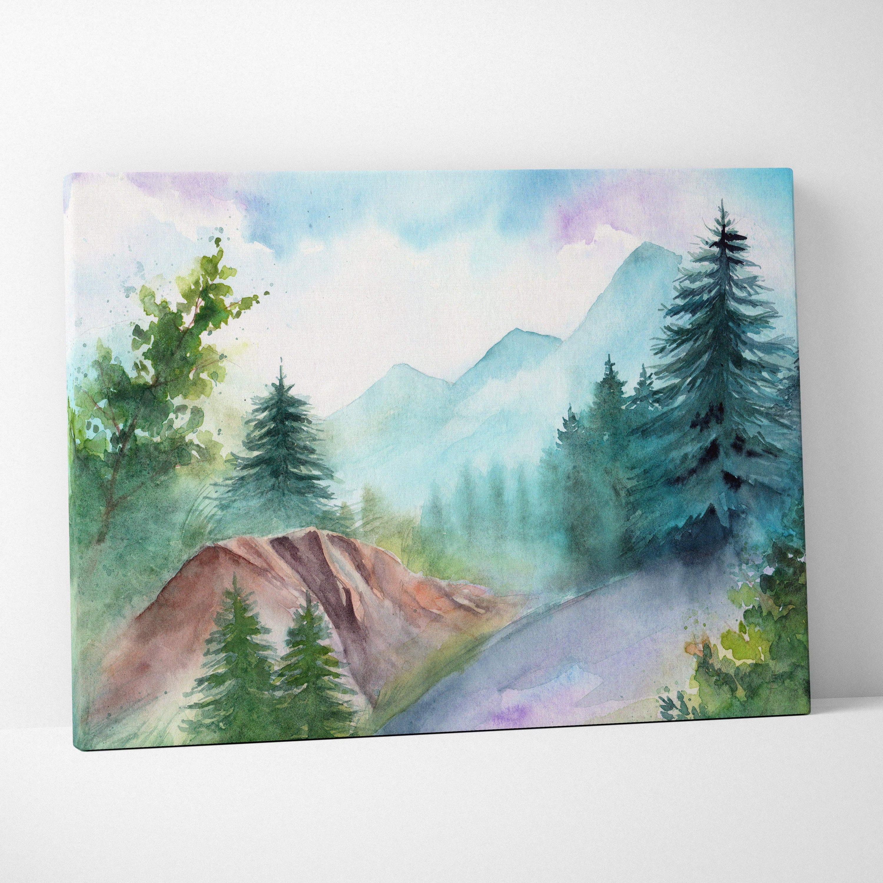Misty mountain forest watercolor canvas wall art with soft blue green pines