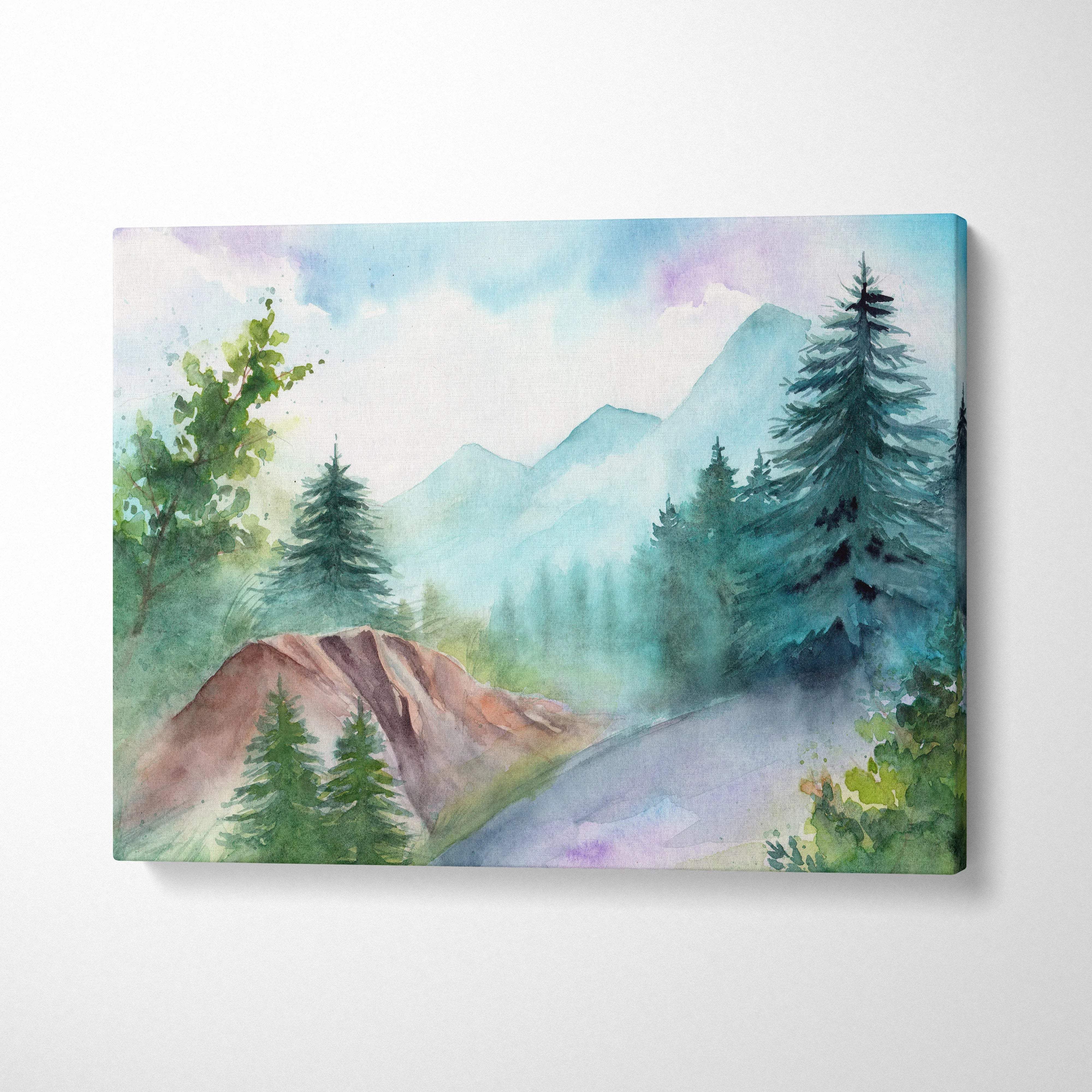 Misty mountain forest watercolor canvas wall art with blue green pines and pastel sky