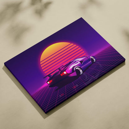 Vibrant retro-futuristic canvas art print featuring a sleek purple sports car on a glowing neon grid at sunset