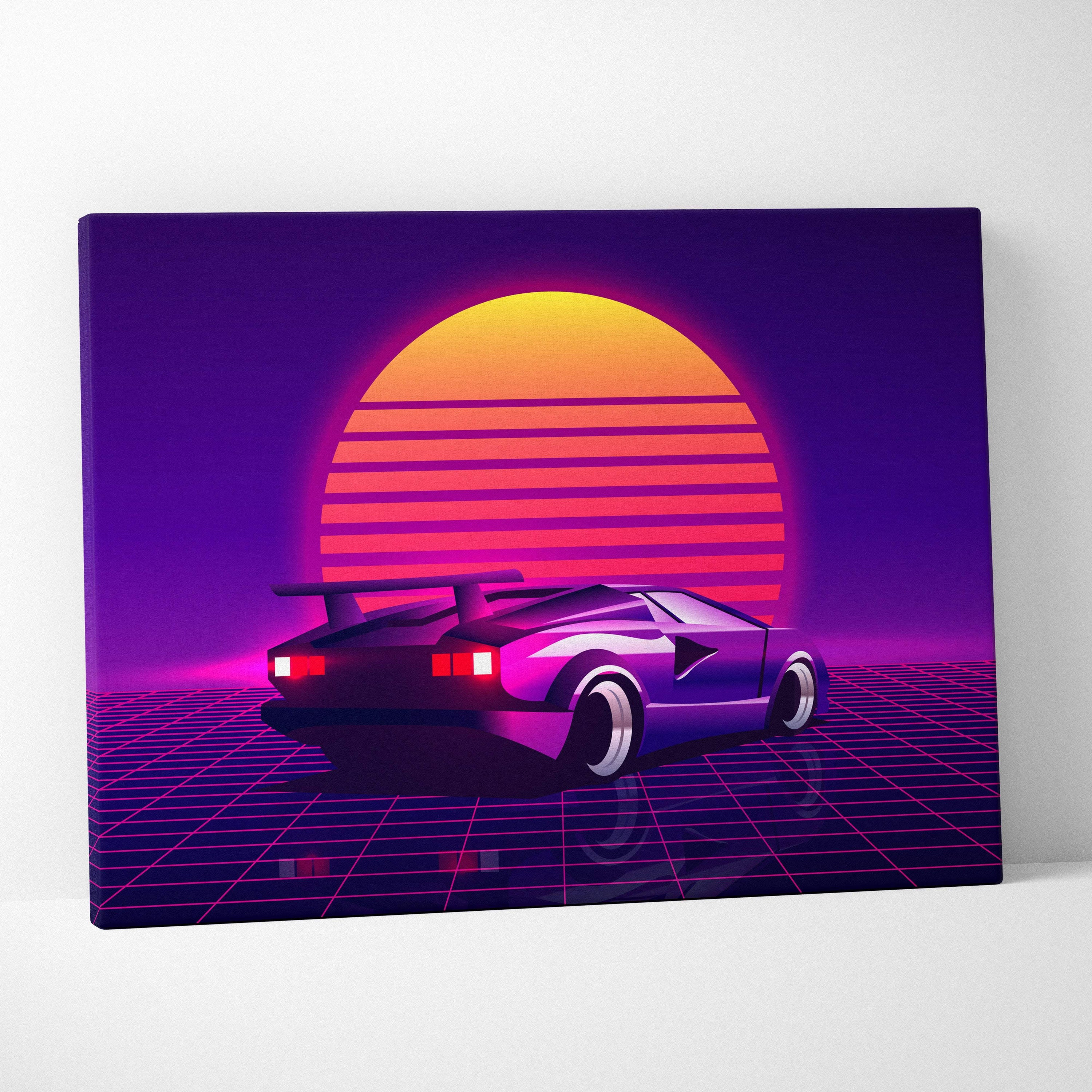 Retrowave sports car canvas art print featuring a purple synthwave supercar with glowing red taillights and neon sunset background