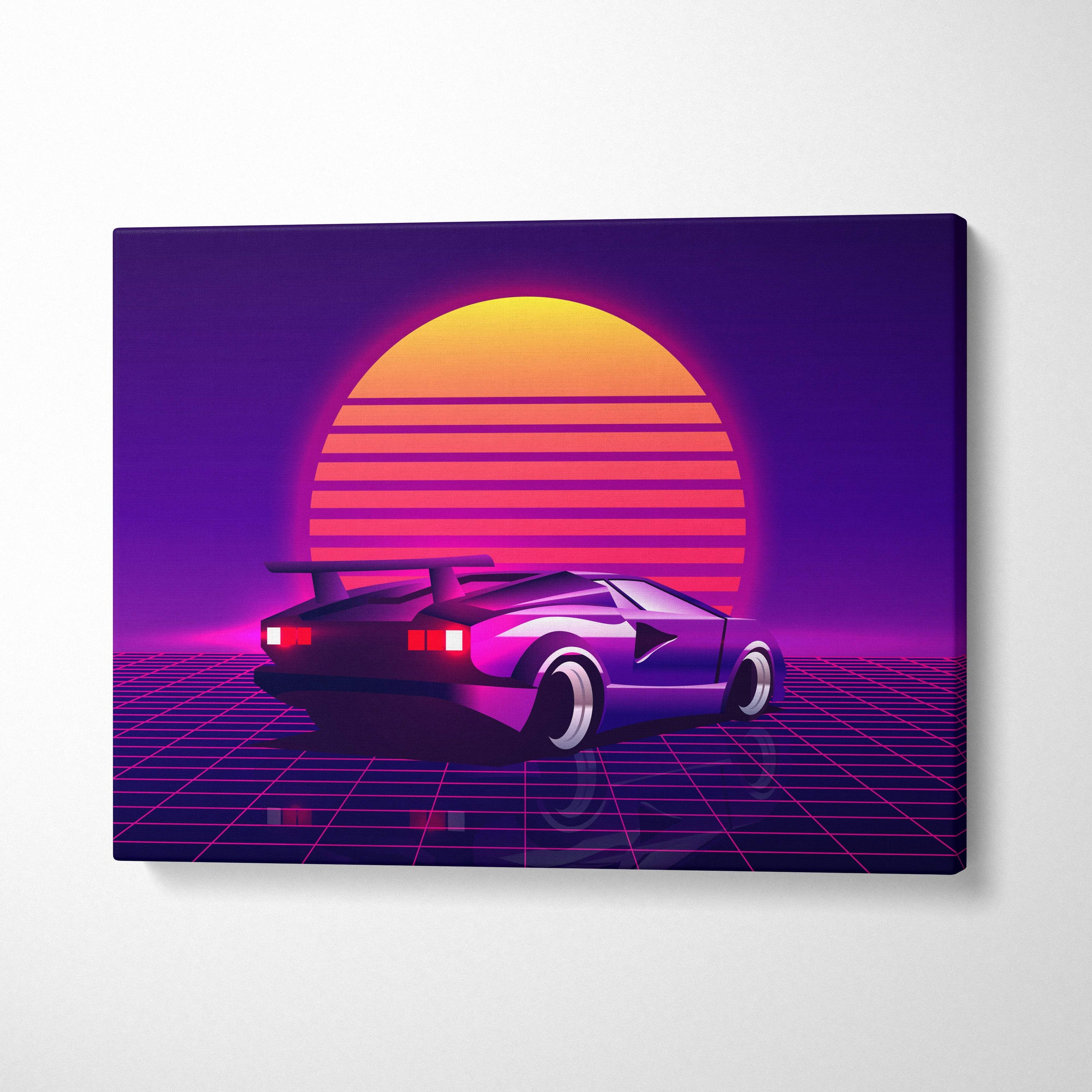 Purple retro-futuristic sports car canvas art print with glowing red taillights in a neon sunset vaporwave scene