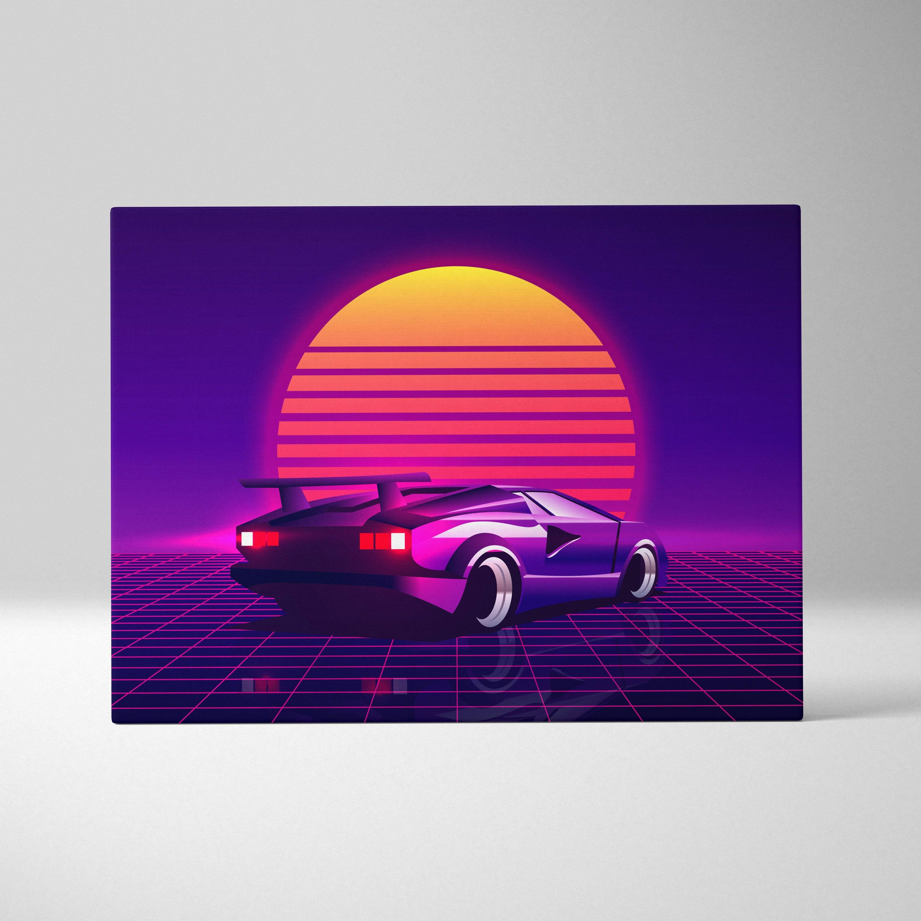 Retrowave sports car canvas art print featuring a vibrant purple and pink synthwave supercar with orange sun backdrop