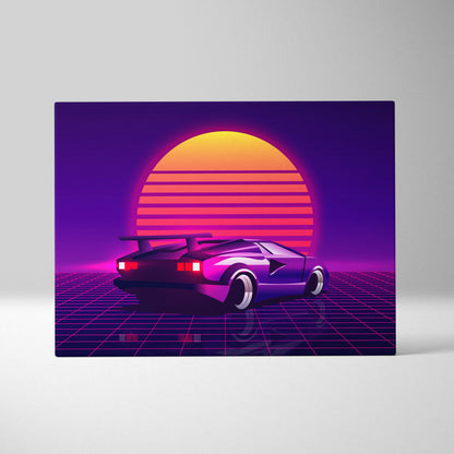 Retrowave sports car canvas art print featuring a vibrant purple and pink synthwave supercar with orange sun backdrop