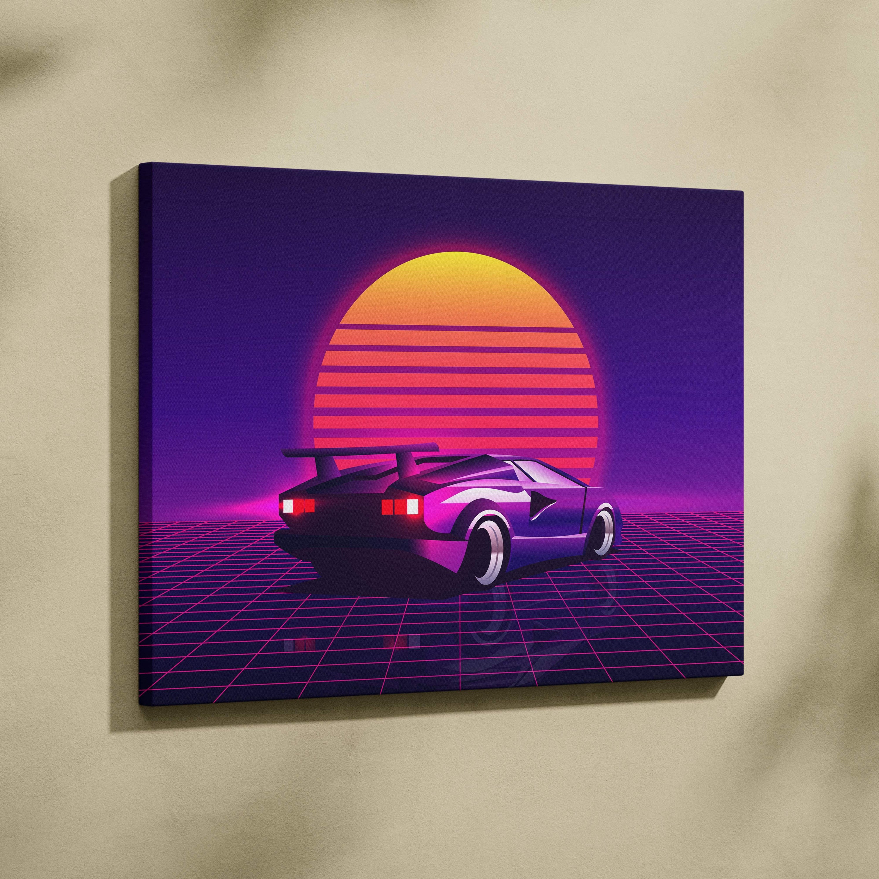 Retrowave sports car canvas art print featuring a sleek purple synthwave supercar with neon grid sunset wall decor