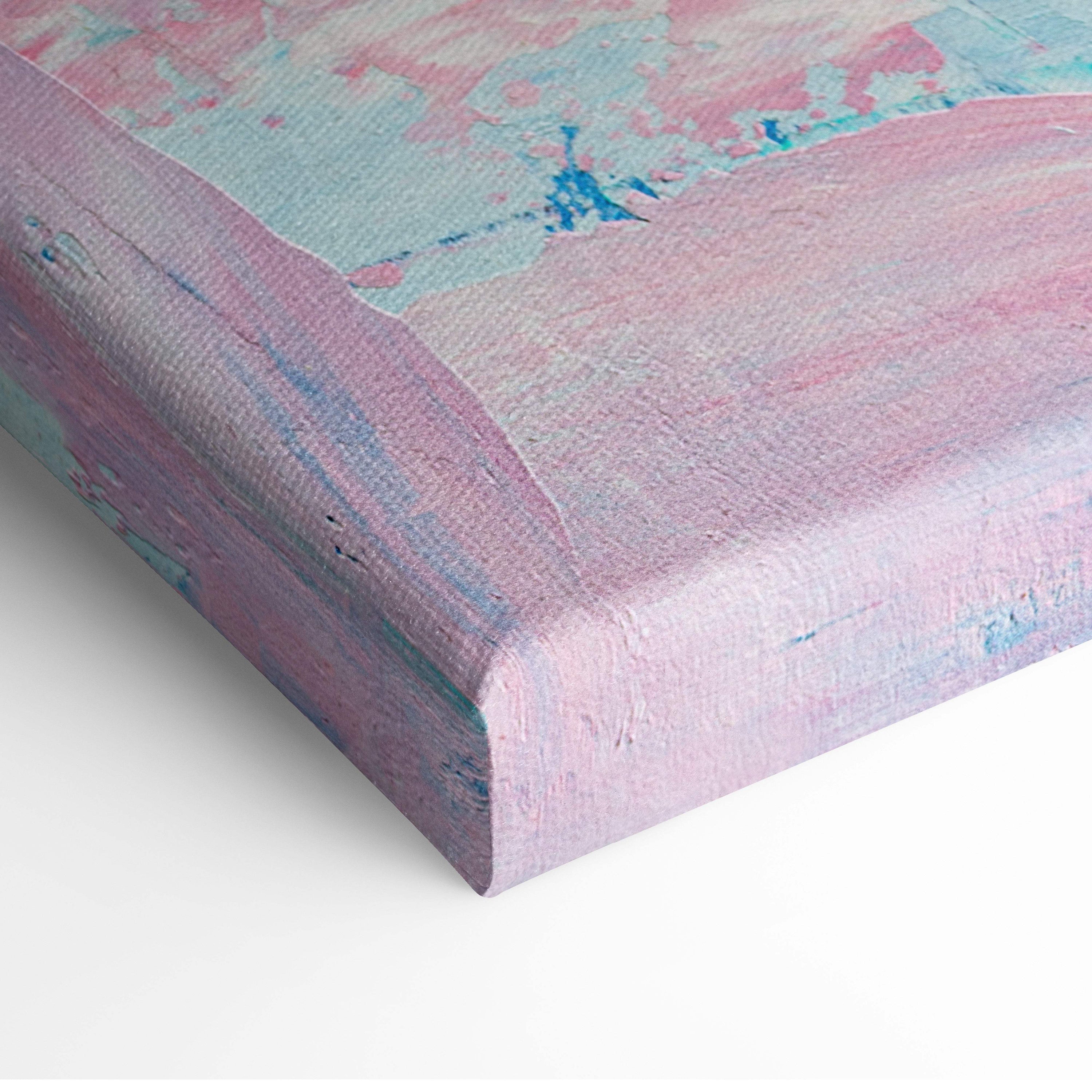 Floral still life canvas print with pastel pink and blue abstract textured surface in oil painting style