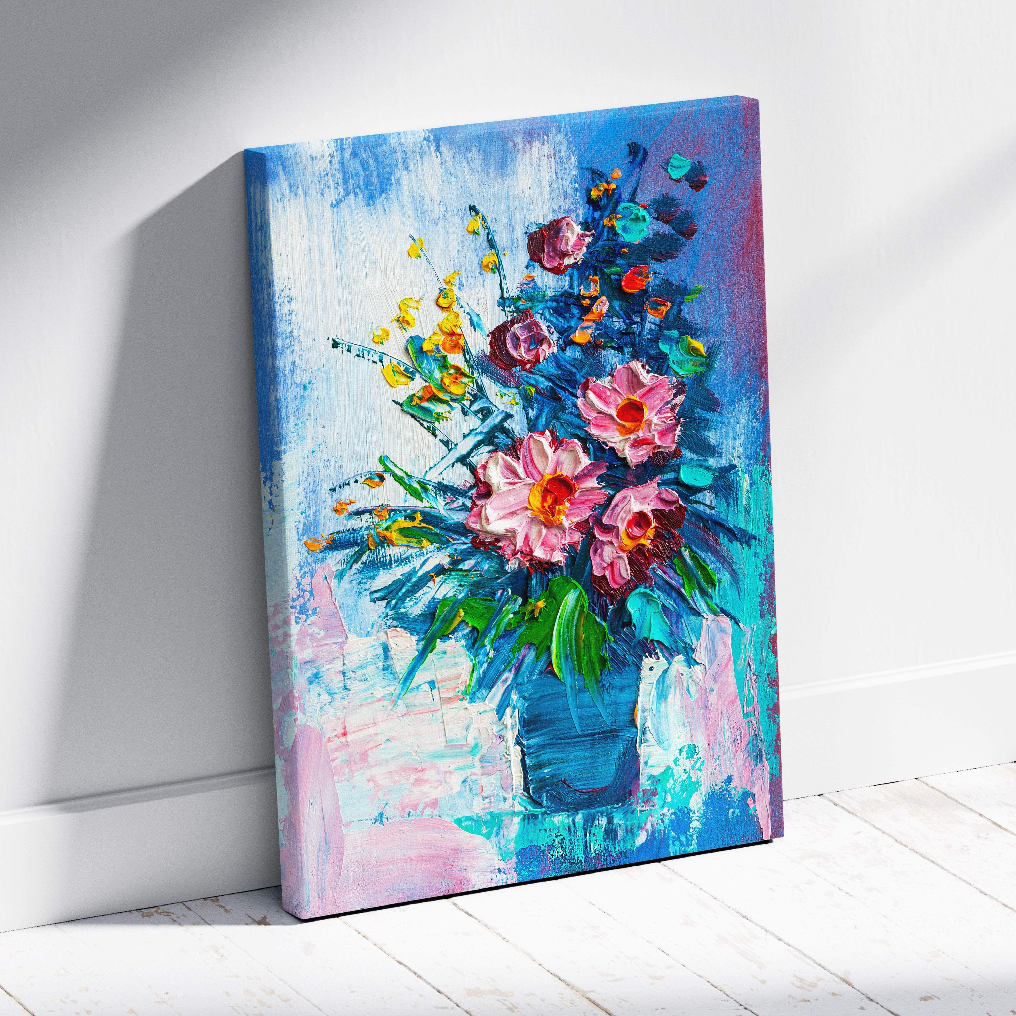 Vibrant impressionist-style floral still life canvas print featuring pink and yellow flowers in a blue vase with thick brushstrokes
