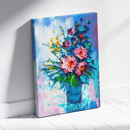 Vibrant impressionist-style floral still life canvas print featuring pink and yellow flowers in a blue vase with thick brushstrokes
