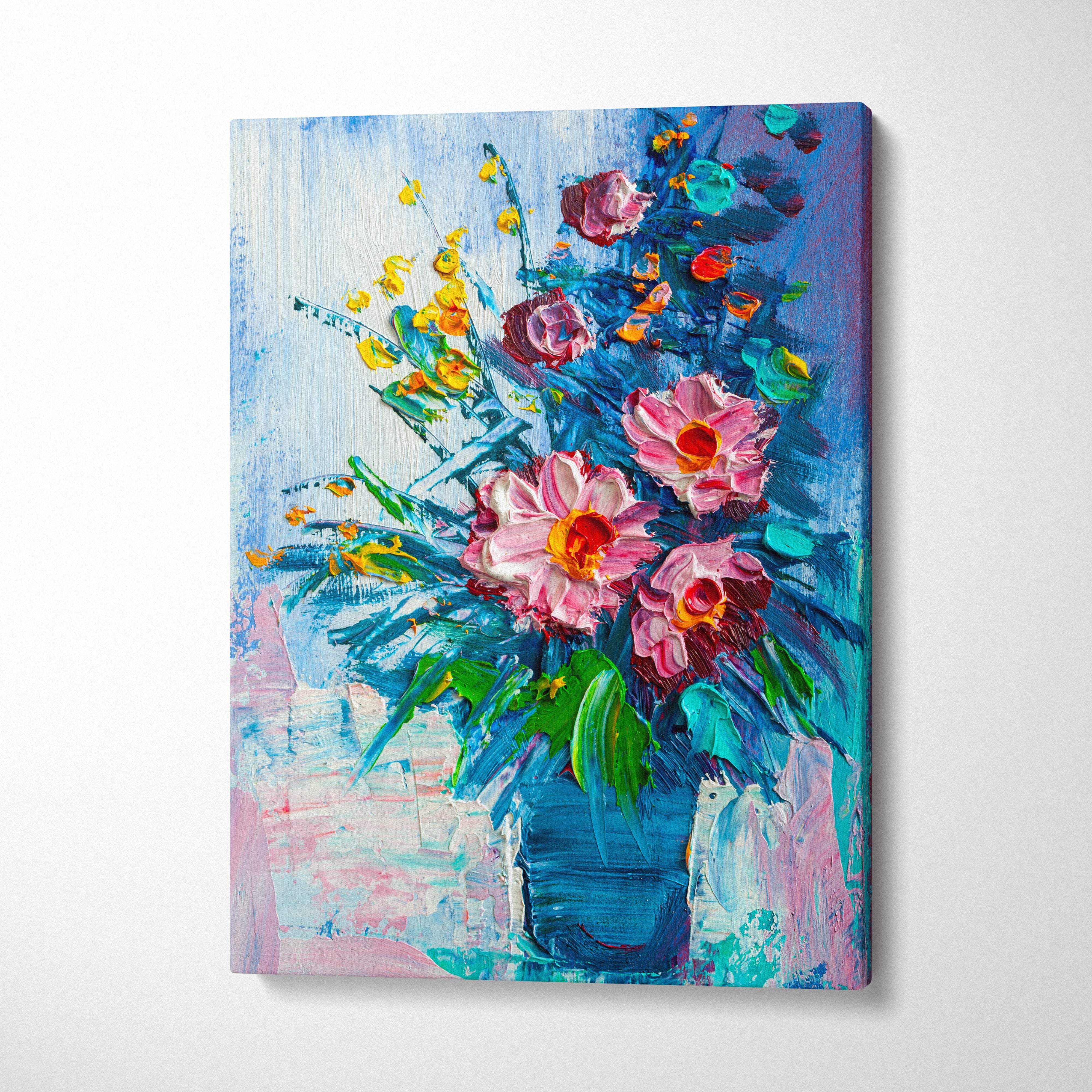 Vibrant impressionist-style floral still life canvas print with pink and yellow flowers in blue vase and textured brushstrokes