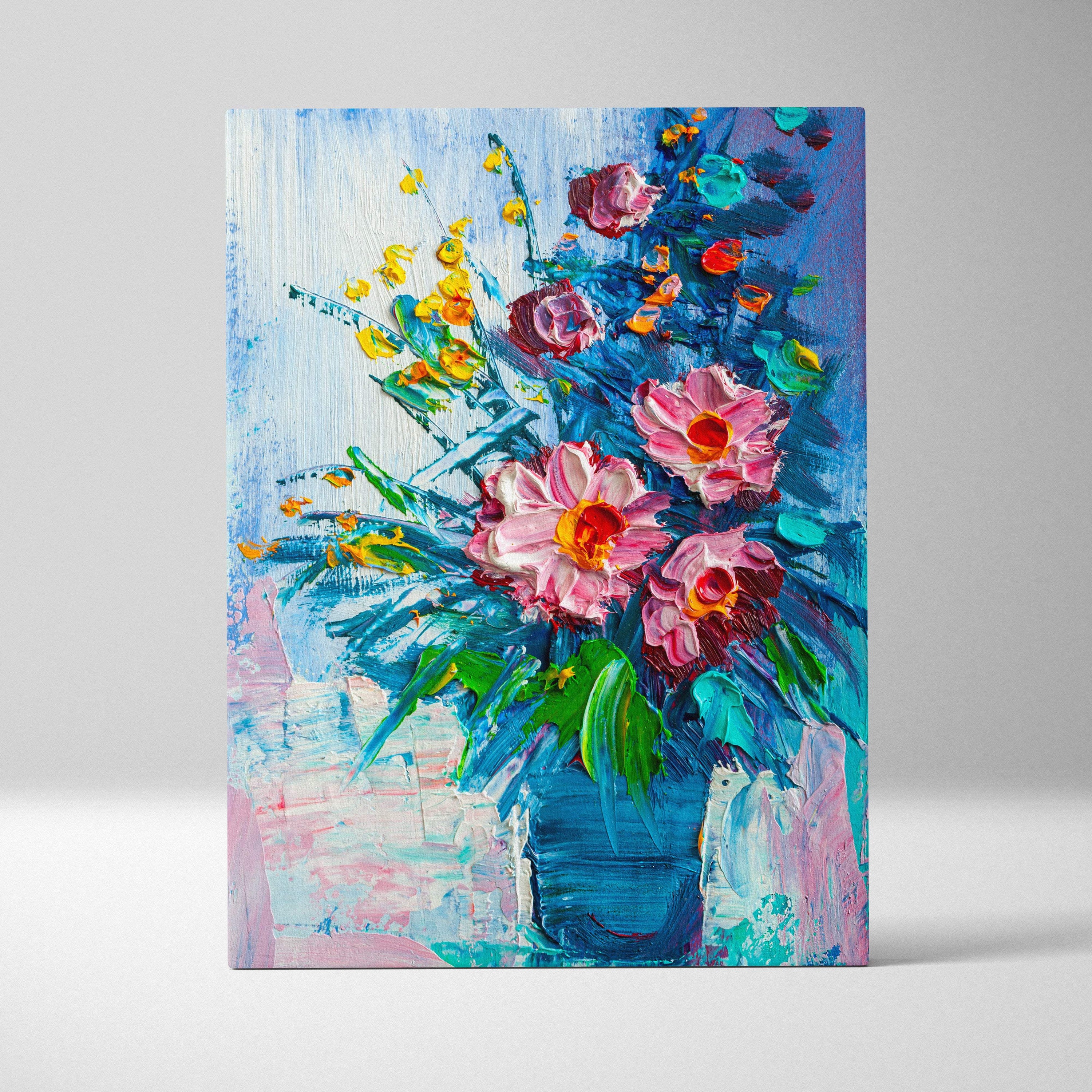 Vibrant impressionist-style floral still life canvas print with pink and yellow flowers in a blue vase with textured brushstrokes