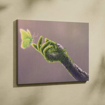 Contemporary canvas wall art featuring a moss-covered hand reaching toward a glowing green butterfly in soft earth tones